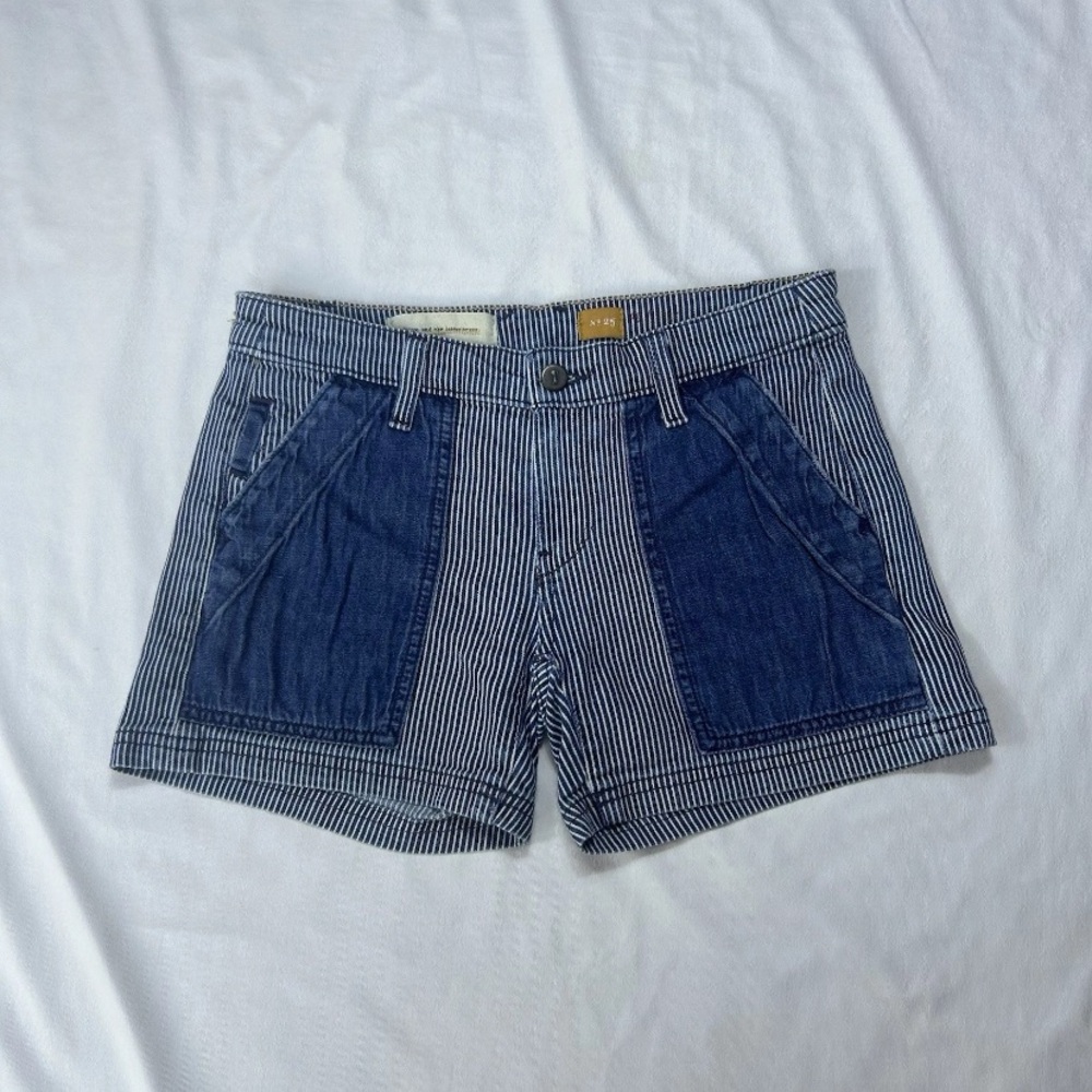 Anthropologie Pilcro Navy Stripe Jean Shorts with Dark Blue Patch Pockets